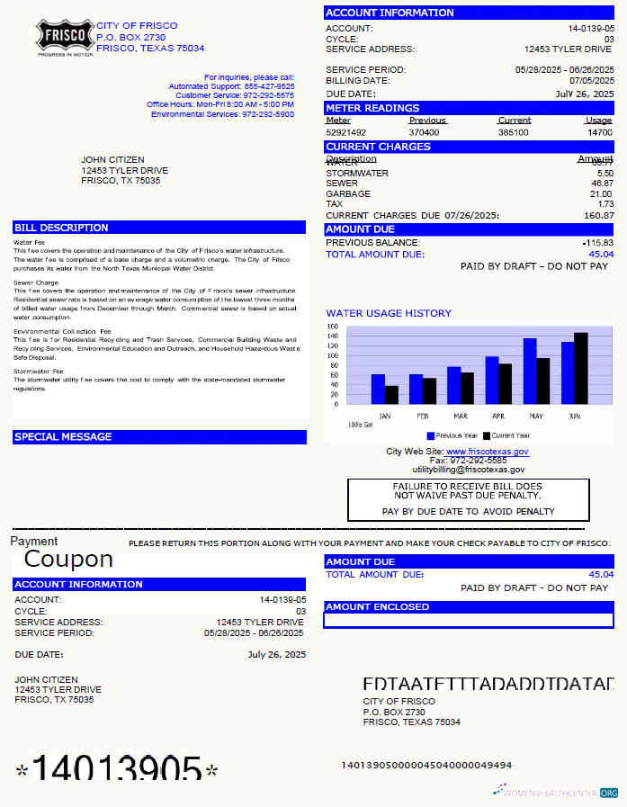 download download USA City of Frisco utility bill template in Word and PDF formats PDF template PDF template